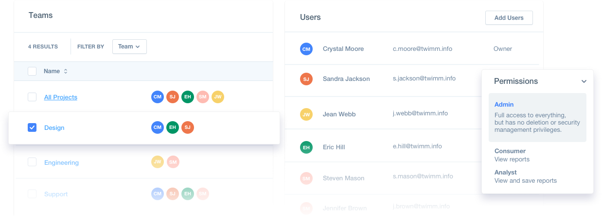 Easily manage permissions to ensure each employee has access to the data they need. For example, the design team is getting full admin access.